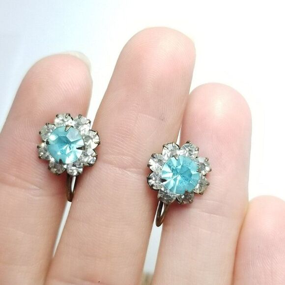 Vintage Sterling Silver Blue Rhinestone Cluster Clip On Earrings, Gold Wash - Picture 7 of 8